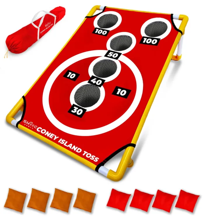 Red cornhole target board with orange and red beanbags